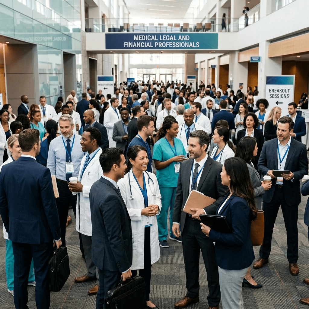 Diverse medical and legal professionals networking at symposium lobby